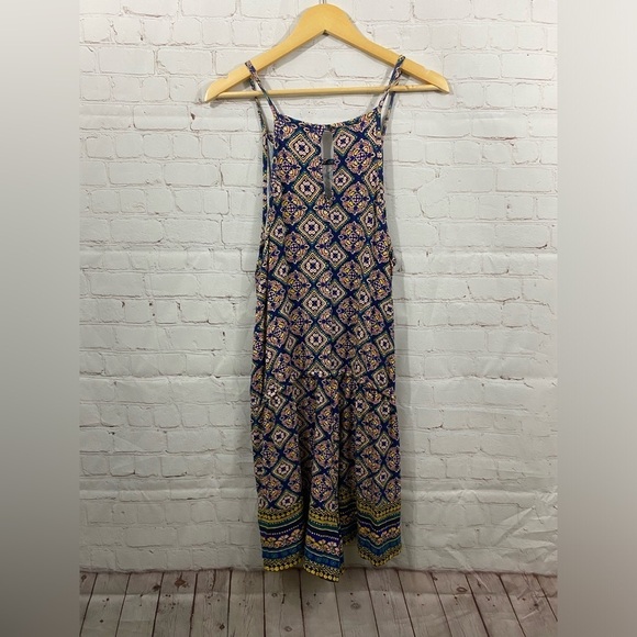 Old Navy Womens Size Large Romper Blue Yellow Floral Stretch Scoop Button - Picture 2 of 12